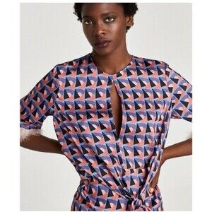 Zara Key Hole Tie Front feather trim blouse Sz XL